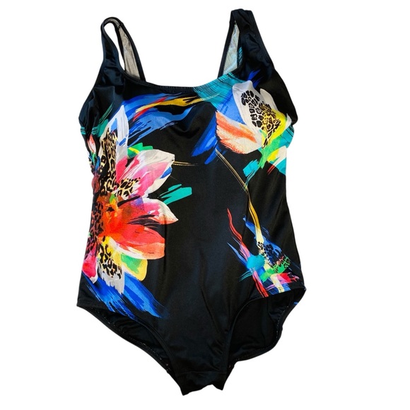 VINTAGE 90s LONGITUDE Rainbow Floral & Leopard One Piece Swimsuit - Picture 1 of 7
